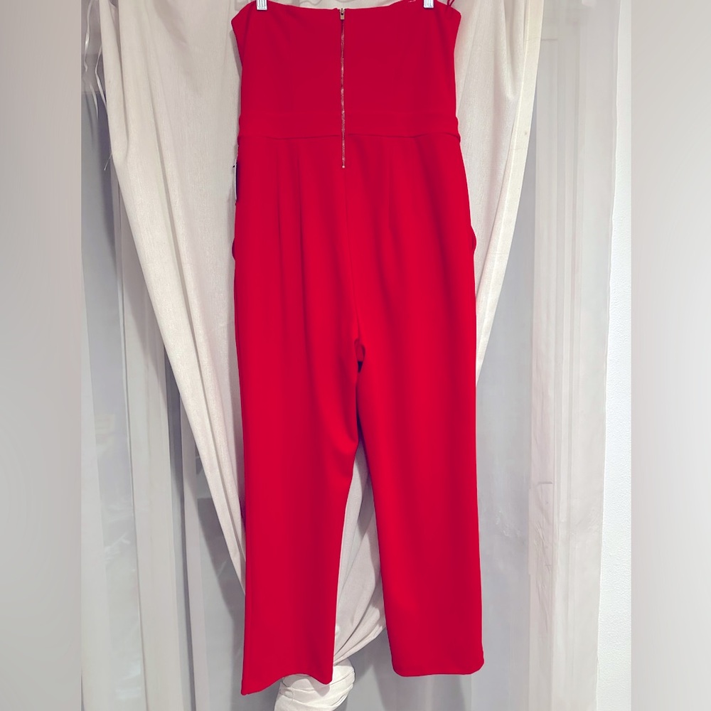 Express Strapless Red Straight-Leg Jumpsuit - Picture 3 of 6